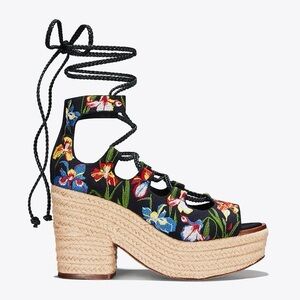Tory Burch Positano Floral Embroidered Lace-Up Platform Espadrille Heel 10